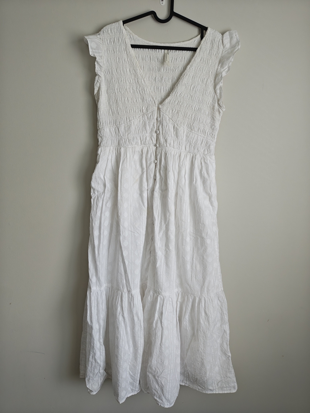 Anthropologie White V-Neck Button-Front Midi Dress with Flutter Sleeves As Is - Picture 4 of 15